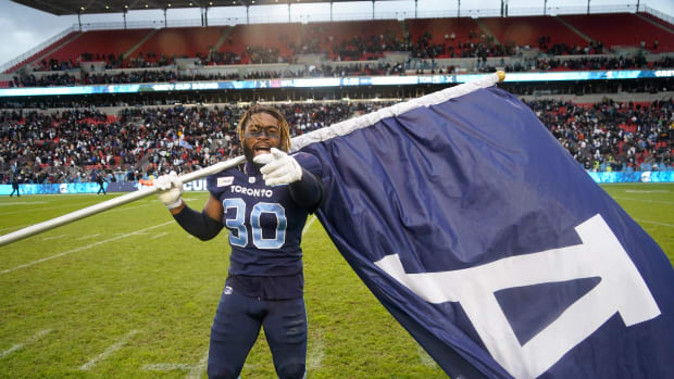Nov 13, 2022; Toronto, Ontario, CAN; Toronto Argonauts linebacker Jonathan Jones (30) celebrates after a win over the Montreal Alouettes at BMO Field. Mandatory Credit: John E. Sokolowski-USA TODAY Sports